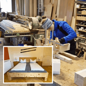 Schreiner-Workshop Jassi Zirbelkieferbett Teilnehmerin Jassi baut im Schreiner-Workshop ihr Zirbelkieferbett – im Bild auch das fertige Bett.
