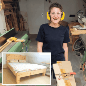 Schreiner-Workshop Yasemin Zirbelkieferbett Teilnehmerin Yasemin in der Werkstatt mit ihrem im Schreiner-Workshop selbst gebauten Zirbelkieferbett.