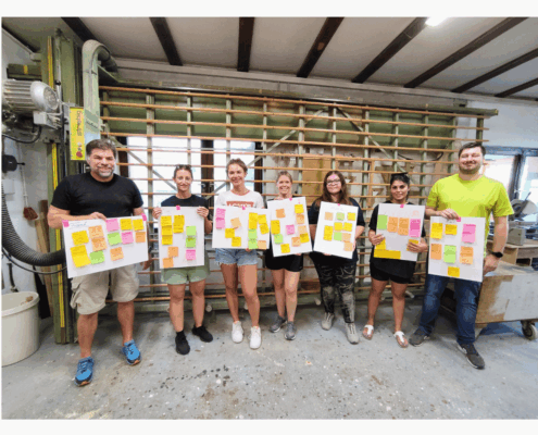 Teambuilding cbs Reflektion an der Plattensäge cbs-Team bei der Abschlussreflexion an der Plattensäge im Schreinerei-Teambuilding – jeder zeigt seine Stärken auf einem Plakat.