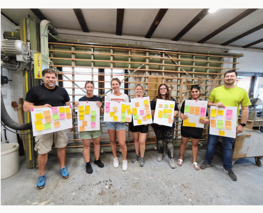 Teambuilding cbs Reflektion an der Plattensäge cbs-Team bei der Abschlussreflexion an der Plattensäge im Schreinerei-Teambuilding – jeder zeigt seine Stärken auf einem Plakat.